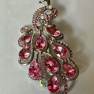Large Red Pink Peacock Bird Glass Rhinestones Brooch Pin Vintage Fashion Style